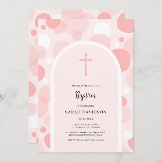 Rosa Blasen und Bogen Mädchen Taufe Christine Einladung (Vorne/Hinten)