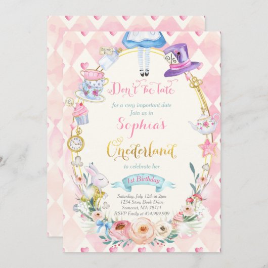 Rosa Bläseralie in ONEderland Birthday Tea Party Einladung (Vorne/Hinten)