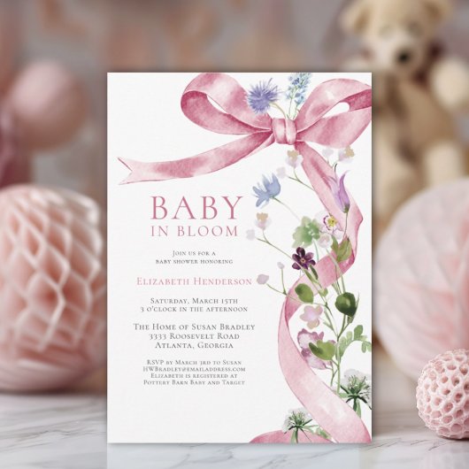Rosa Bläserbow Wildblume Babydusche Einladung