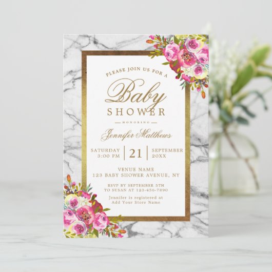 Rosa Bläserchic Gold Black Marble Baby Dusche Einladung (Stehend Vorderseite)