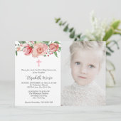 Rosa Bläserei & Foto Erste Kommune für Mädchen Einladung (Stehend Vorderseite)