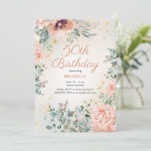 Rosa Bläsergoldblüte Glitzer 50. Geburtstag Einladung (Stehend Vorderseite)
