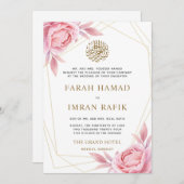 Rosa Bläsergoldrahmen islamische muslimische Hochz Einladung (Vorne/Hinten)