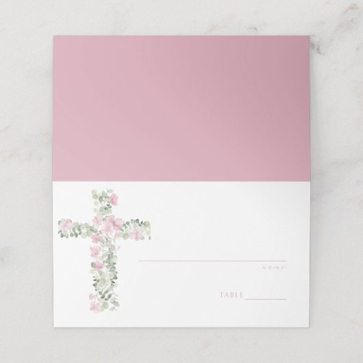 Rosa Bläserkreuz Taufe Tischnummer Platzkarte (Außenseite Aufgefaltet)