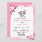 Rosa Bläsermonogramm Elephant Baby Dusche Einladung (Vorne/Hinten)