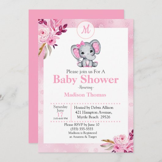 Rosa Bläsermonogramm Elephant Baby Dusche Einladung (Vorne/Hinten)