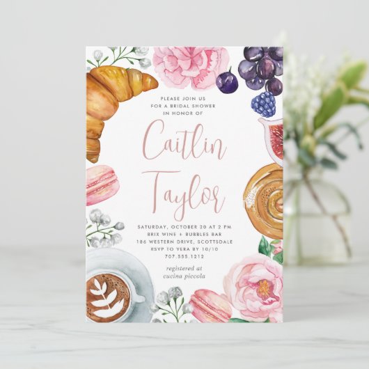 Rosa Bläsermund Brautparty Brunch Einladung (Stehend Vorderseite)