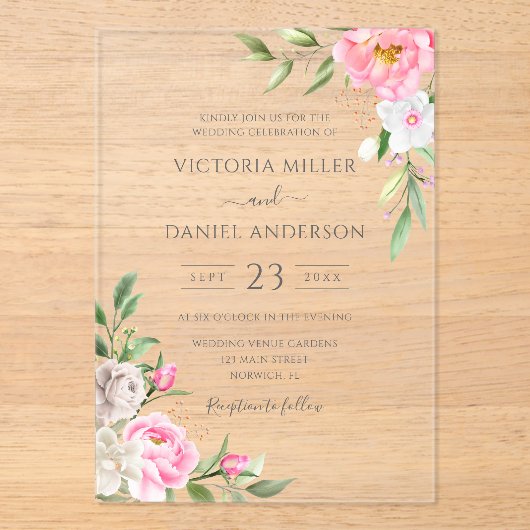 Rosa Bläsernbäume Elegante Hochzeit Acryleinladungen (Vorderseite)