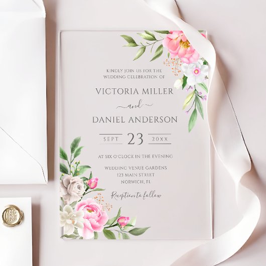 Rosa Bläsernbäume Elegante Hochzeit Acryleinladungen