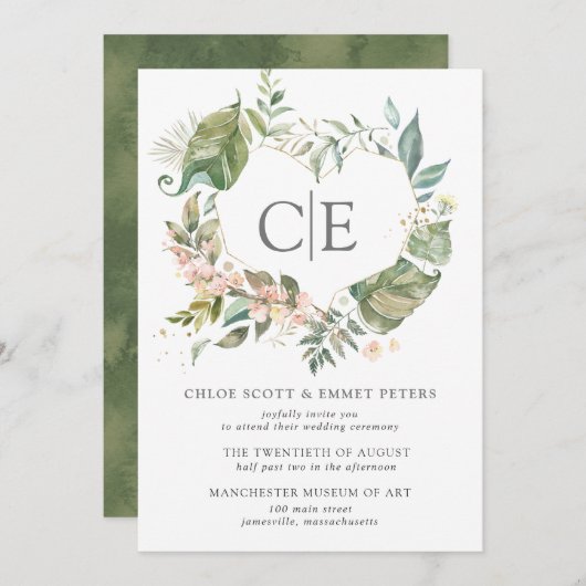 Rosa Bläserne botanische Hochzeit des rustikalen H Einladung (Vorne/Hinten)