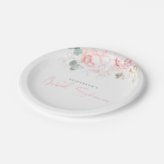 Rosa Bläserner Elegant Botanisches Brautparty Pappteller (Schrägansicht)