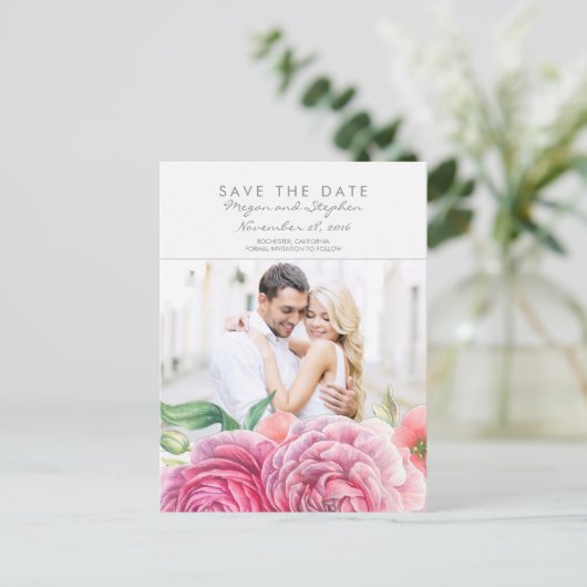 Rosa Bläserner Elegantes Foto Save the Date Ankündigungspostkarte (Stehend Vorderseite)