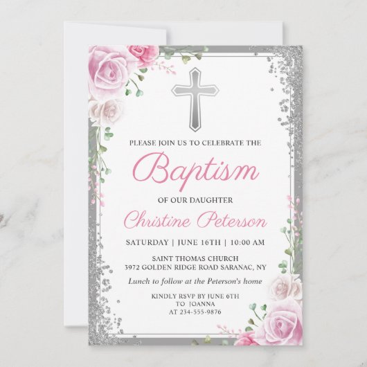 Rosa Bläserner Silberner Glitzer Taufe Girl Einladung (Vorderseite)
