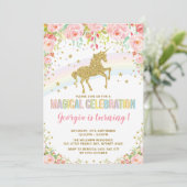 Rosa Bläsernicorn Magisches Birthday Rainbow Party Einladung (Stehend Vorderseite)