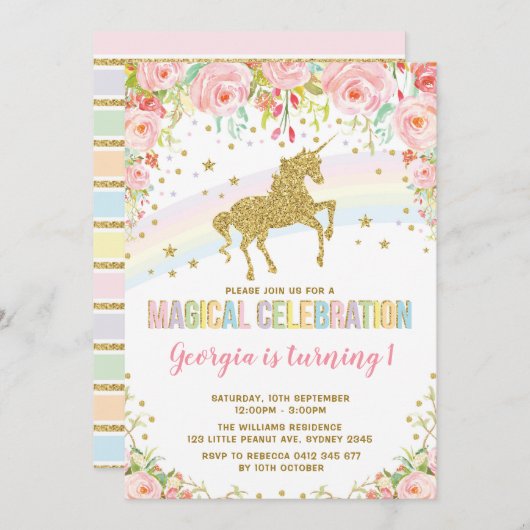 Rosa Bläsernicorn Magisches Birthday Rainbow Party Einladung (Vorne/Hinten)