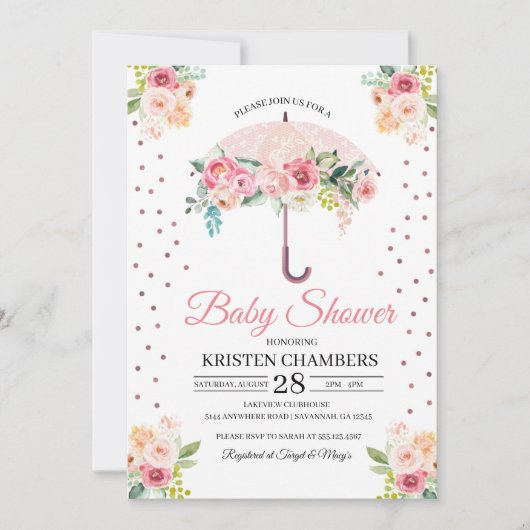 Rosa Bläsernte Schirmdusche Einladung (Vorderseite)