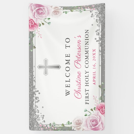 Rosa Bläsersilber Erste Heilige Kommune Willkommen Banner (Vertikal)
