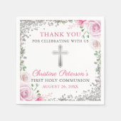 Rosa Bläsersilber Glitzer Erste Heilige Kommune Serviette (Vorderseite)