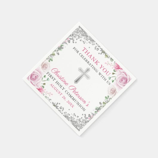 Rosa Bläsersilber Glitzer Erste Heilige Kommune Serviette (Ecke)