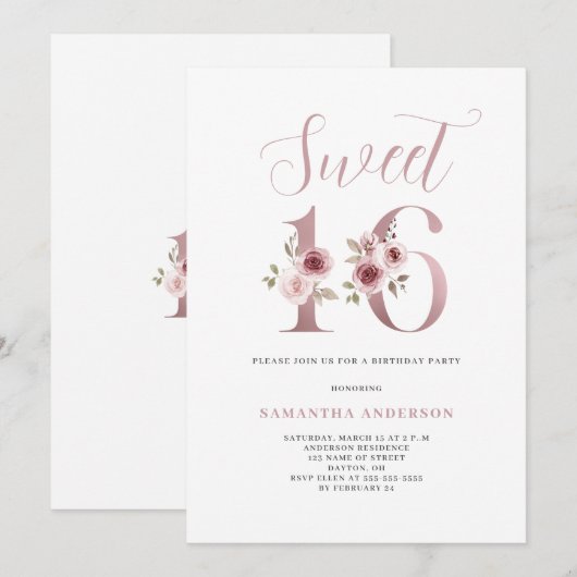 Rosa Bläsersüß 16 Geburtstag Einladung (Vorne/Hinten)