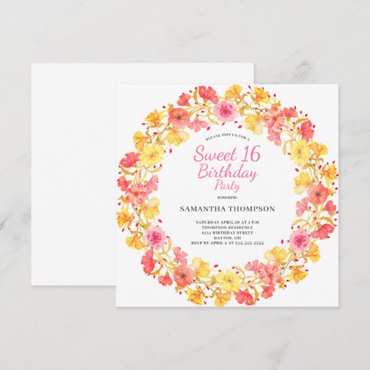 Rosa Bläsersüß 16 Geburtstag Einladung (Vorne/Hinten)