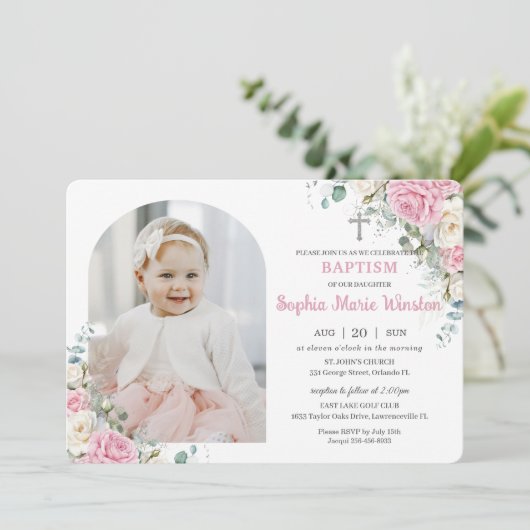 Rosa Bläsertaufen Christening Arch Foto Einladung (Stehend Vorderseite)