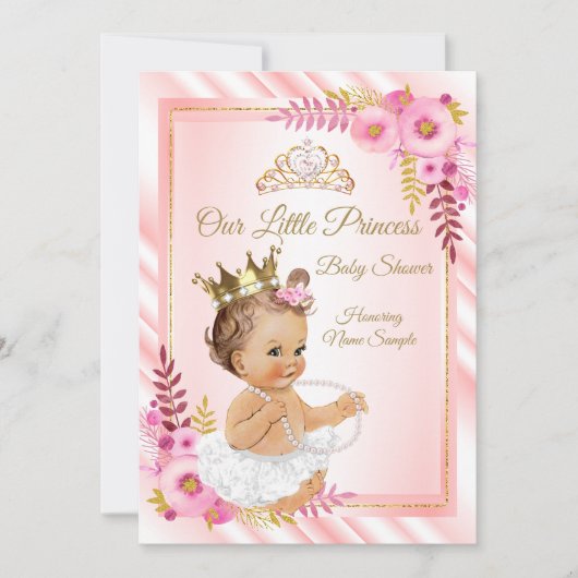 Rosa Bläserweiße Prinzessin Babydusche Brünett Einladung (Vorderseite)