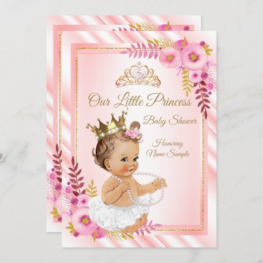 Rosa Bläserweiße Prinzessin Babydusche Brünett Einladung (Vorne/Hinten)