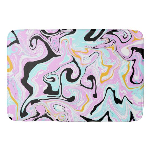 Rosa, blassblaue Schwarz und goldene Wirbel Fluid Badematte (Vorderseite)