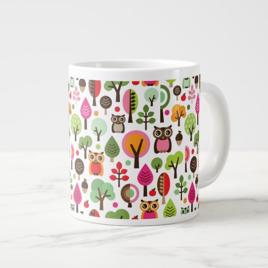 rosa Blattbaum Retro-Eulen-Muster Jumbo-Tasse (Vorderseite Rechts)