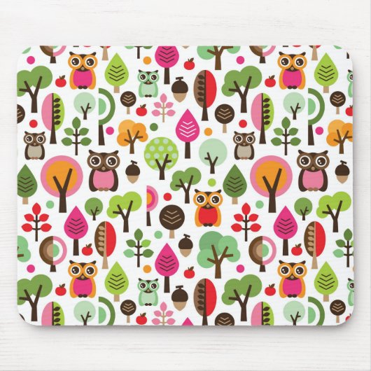 rosa Blattbaum Retro-Eulen-Muster Mousepad (Vorne)