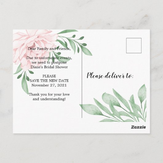 Rosa Blätter ändern das Brautparty Datum Postkarte (Rückseite)