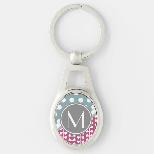 Rosa Blätter Dots Custom Monogram Oval Schlüsselan Schlüsselanhänger (Vorderseite)