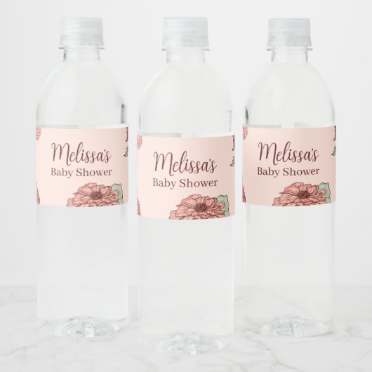 Rosa Blätter mit Blumen und Grünpflanzen Kinderdus Wasserflaschenetikett (Flaschen)