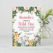 Rosa Blätter Safari Girls One Einladung (Stehend Vorderseite)