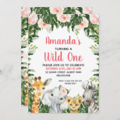 Rosa Blätter Safari Girls One Einladung (Vorne/Hinten)