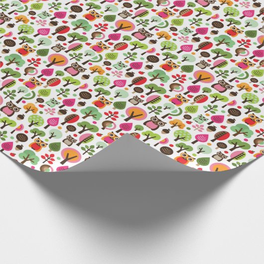 Rosa-Blätterwald-Retro-Eule-Muster Geschenkpapier (Ecke)