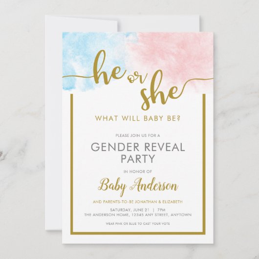 Rosa & Blau Aquarellfarben Gold-Script-Gender-Dars Einladung (Vorderseite)