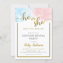 Rosa & Blau Aquarellfarben Gold-Script-Gender-Dars Einladung