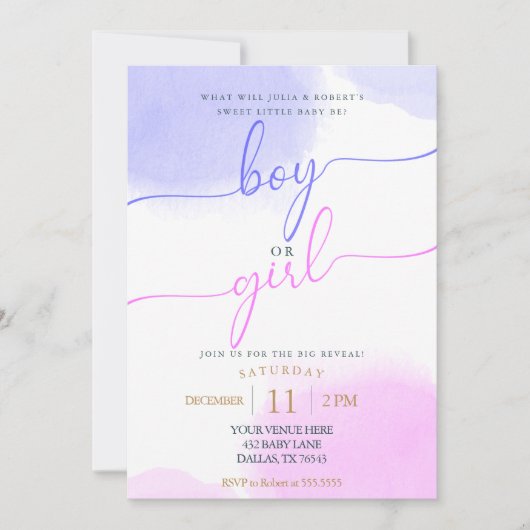 Rosa & Blau Aquarellfarben Gold-Script-Gender-Dars Einladung (Vorderseite)