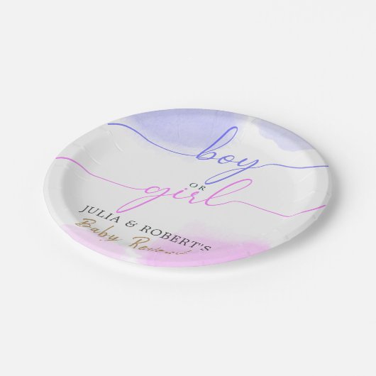 Rosa & Blau Aquarellfarben Gold-Script-Gender-Dars Pappteller (Schrägansicht)