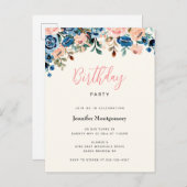 Rosa & Blau Blume Geburtstagsparty Einladungspostkarte (Vorne/Hinten)