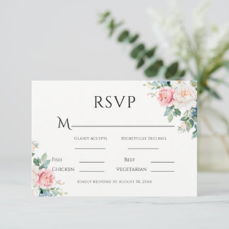 Rosa & Blau Einfache Florale Moderne Hochzeit RSVP Karte