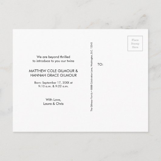 Rosa Blau Einführung in Script Twins Junge und Mäd Ankündigungspostkarte (Rückseite)