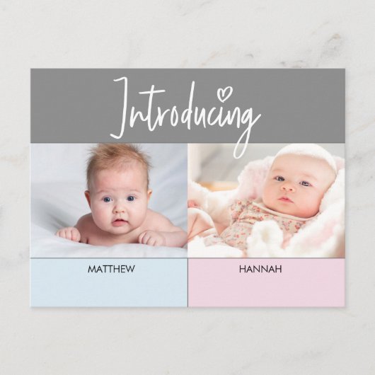 Rosa Blau Einführung in Script Twins Junge und Mäd Ankündigungspostkarte (Vorderseite)