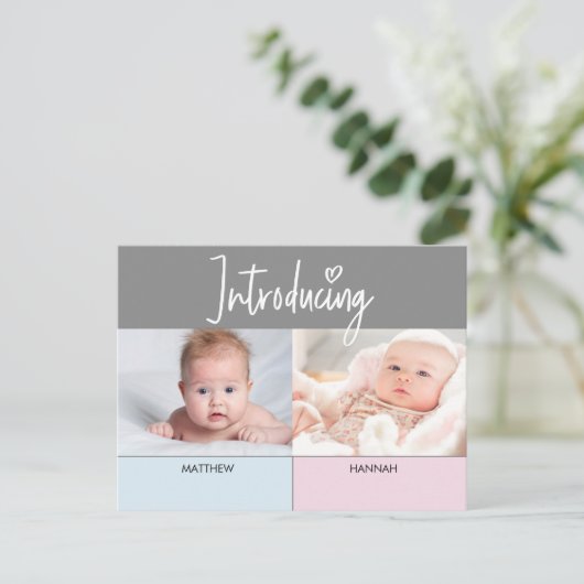 Rosa Blau Einführung in Script Twins Junge und Mäd Ankündigungspostkarte (Stehend Vorderseite)