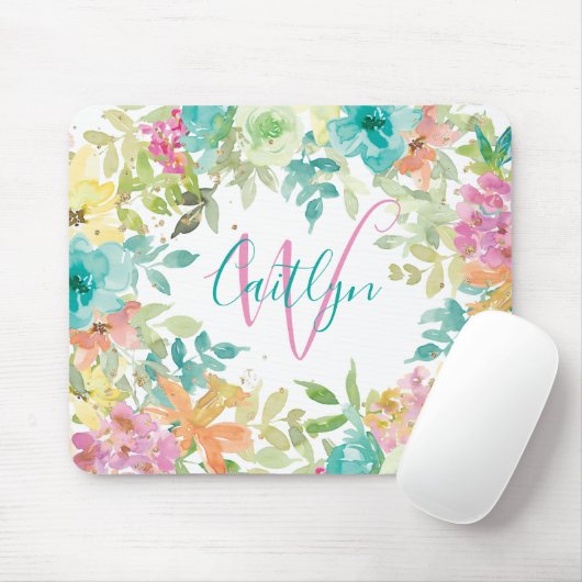 Rosa Blau Floral Glitzer Monogramm Mousepad (Mit Mouse)