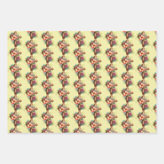 Rosa Blau Gelb Holzkreuz Blume Ostern Geschenkpapier Set (Vorderseite 2)