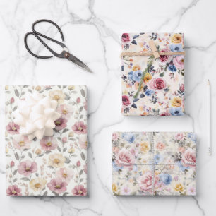 Rosa Blau Gelb Lila florale Vintag Chic Geschenkpapier Set