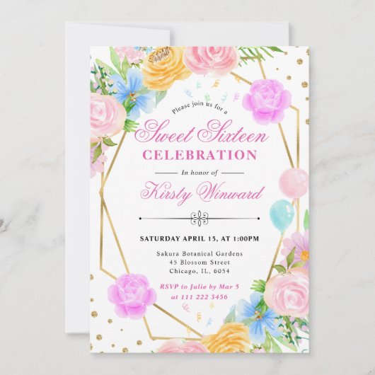 Rosa Blau Gelbe Blumen Goldrahmen Sweet 16 Einladung (Vorderseite)